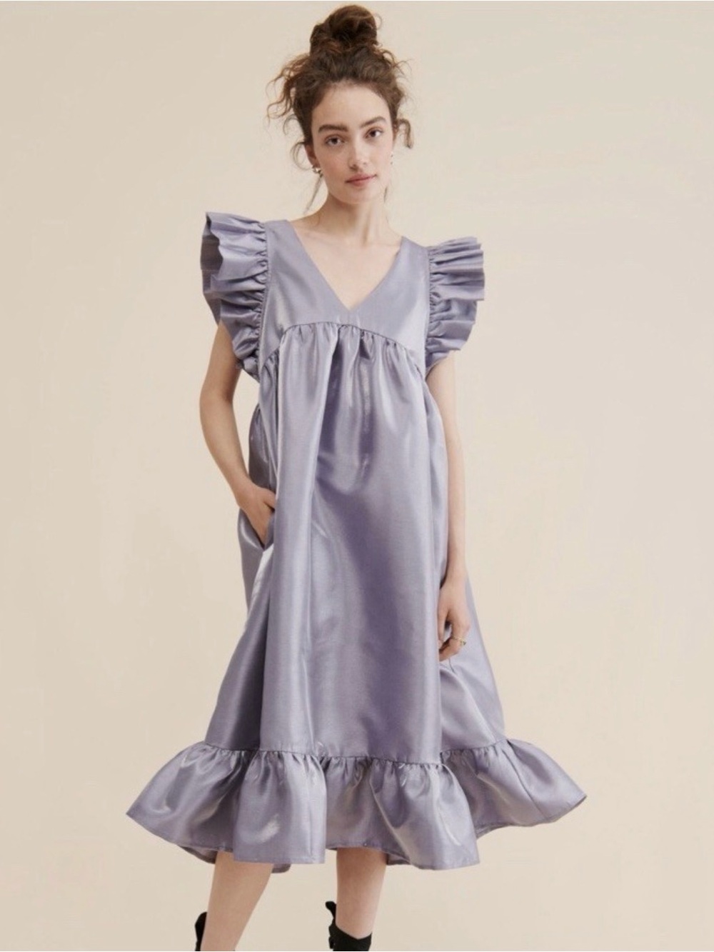 Dhruv Kapoor Lilac Metallic babydoll midi dress.